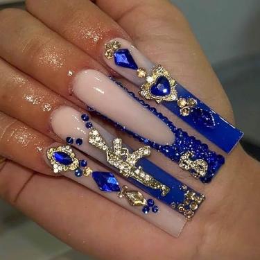 Imagem de RTKHFZE Unhas Postiças Quadradas Longas Extragrandes, Ponta Francesa Azul, Cola Falsa Ombré Com Pingentes E Strass, Bastão Acrílico Para Decoração De Femininas
