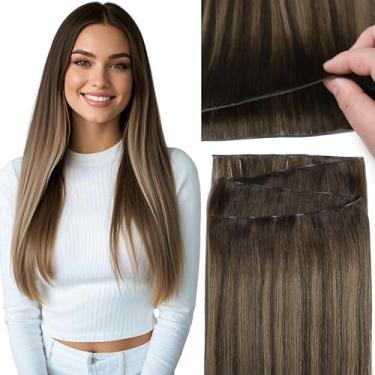 Imagem de Loxxy Apliques De Cabelo Costurados Com Trama Genius Humano Real, 18" Liso, Ombré, Castanho Escuro Misto Raízes, Amarrados À Mão Para Mulheres, 50G