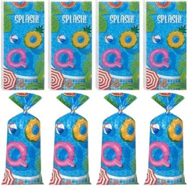 Imagem de Sacos de guloseimas de verão para piscina, 100 peças, bola de praia azul, festa na piscina, celofane, presente de plástico, sacos de doces com laços torcidos transparentes para casamento, aniversário
