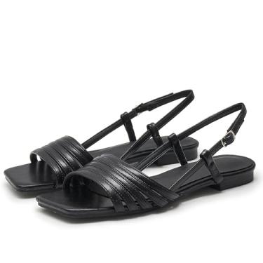 Imagem de ATBELL Sandálias Femininas Rasteiras, Bico Quadrado Aberto, Tira Ajustável No Tornozelo, Sandália Gladiadora, Salto Baixo, Elegante, Bonito, Preto, Tamanho 7