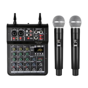 Imagem de micfuns Mixer De Áudio M4Pro, 4 Canais Com Microfone Sem Fio Duplo, Console Mesa Som Mp3 Bluetooth 48V Phantom Power Usb Dj Mixing Para Festa Karaokê Em Casa, Gravação Estúdio Computador
