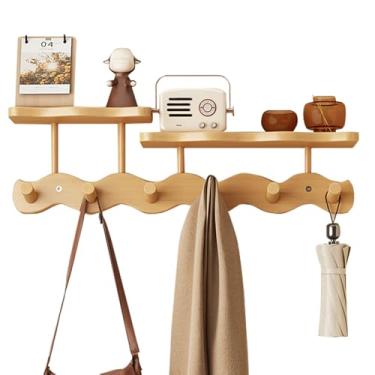 Imagem de Cabide de parede com prateleira, cabide de madeira com 6 ganchos resistentes, design montado em broca para pendurar roupas, chapéus, toalhas, bolsas e roupões (cor natural)