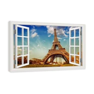 Imagem de NHLDZYH Janela de arte de parede com impressão em tela. Vista de janela falsa. Impressão de imagem natural em tela. Arte de cenário para decoração de sala de estar. (Vista da Torre Eiffel de Paris 23