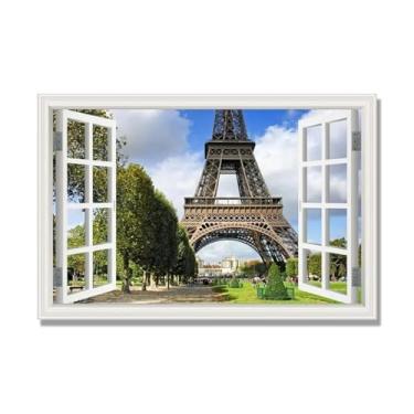 Imagem de Janela de arte de parede com impressão em tela. Vista de janela falsa. Impressão de imagem natural em tela. Arte de cenário para decoração de sala de estar. (Vista da Torre Eiffel de Paris 11). 40 x
