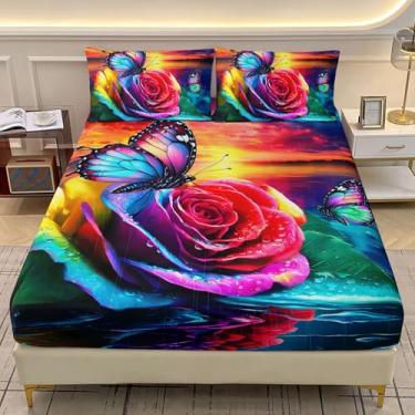 Imagem de AILONEN Jogo de lençol solteiro de borboleta para meninas, tamanho GG, borboleta floral rosa neon para meninas e mulheres, 1 lençol com elástico + 2 fronhas, 3 peças