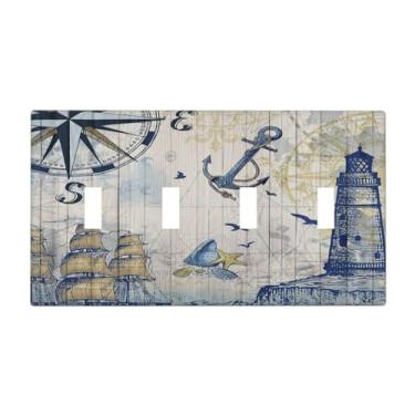 Imagem de Farol náutico para veleiro quádruplo capas decorativas para 4 placas de parede de gang, bússola, âncora, madeira, aparência, 4 furos, dispositivos elétricos, placas de interruptor para casa de banho