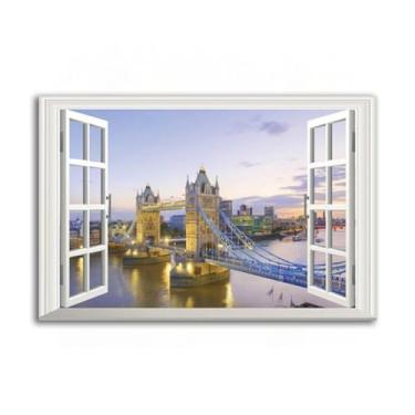 Imagem de Imagem de vista de janela, paisagem natural, ponte da torre de Londres, vista noturna, 3D, janela, pintura, impressão, obras de arte, decoração para quarto, casa, 70 x 105 cm, emoldurado