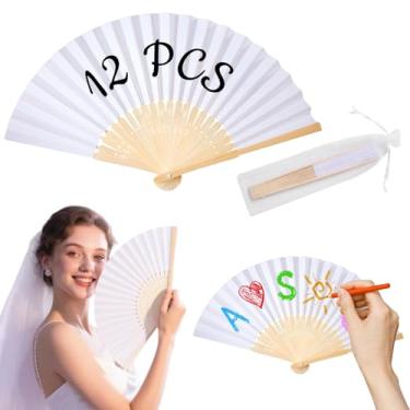Imagem de HJX 12 peças de leques de mão dobráveis de papel branco com bolsas de organza, ventilador portátil de 20 cm a granel para lembrancinhas de festa de casamento, ventiladores decorativos para artesanato
