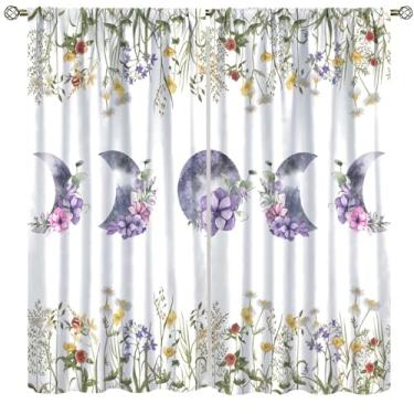 Imagem de Cortinas florais boho, flor da lua, preto, fase da lua, flores silvestres, tratamentos de janela para quarto, sala de estar, café, cozinha, conjunto de 2 painéis, 106 x 113 cm