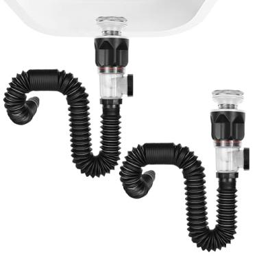 Imagem de Rackickyer Kit de drenagem para pia de banheiro, com tubo de drenagem expansível flexível P-Trap, serve para orifício de drenagem de 3,5 cm, 3,5 cm e 5.1 cm, tampa antientupimento embutida, ralo de