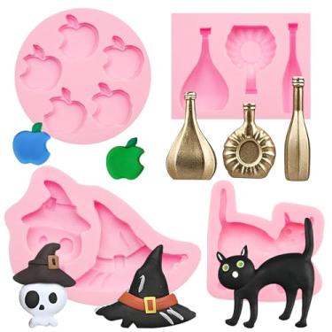 Imagem de Molde de fondant de chapéu de bruxa, 4 peças, garrafa de poção mágica, veneno, maçã, gato preto, chocolate, moldes de silicone para decoração de bolos, enfeite de cupcake, artesanato de argila de