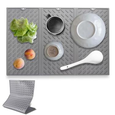 Imagem de SCYFREID Tapete De Silicone Para Secar Louças, Bancada Cozinha, 16 X 24, Dobrável, Grande, Com Escorredor Triplo, Gancho, Fácil Limpar, Ecológico, Geladeira Ou Gaveta, Cinza, 24 Polegadas