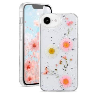 Imagem de EYZUTAK Capa para iPhone 16E, capa protetora protetora de TPU em gel de borracha macia com glitter e lantejoulas brilhantes feitas à mão com folhas verdadeiras e flores secas - Rosa