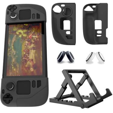 Imagem de AJKTHGE Kit De Capa Silicone + Suporte Para Dock Compatível Com Steam Deck/Oled (2023), Alça Texturizada Antiderrapante, Mesa Ajustável, 4 Protetores Polegar Anticolisão. (Preto)