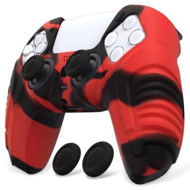Imagem de PlayVital Capa protetora para controle Raging Warrior Edition brilha no escuro para ps5, protetor de borracha antiderrapante para ps5, película de silicone macio com alças de polegar - vermelho e