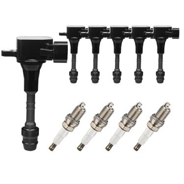 Imagem de Pacote de bobina de ignição UF349 22448-8J115 e velas de ignição (conjunto de 6), compatível com Nissan Altima Frontier Maxima Murano NV1500 Pathfinder Quest Xterra, Infiniti I35 QX4 - V6 3.5L 4.0L
