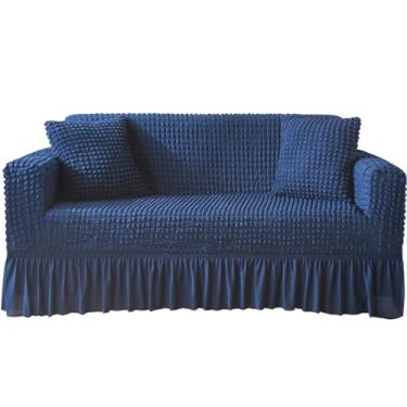 Imagem de KAIJIE Capa de sofá de 3 lugares com fio de espuma para todas as estações e design simples, elástico antiderrapante com bordas plissadas, capa protetora de móveis modernos, azul escuro
