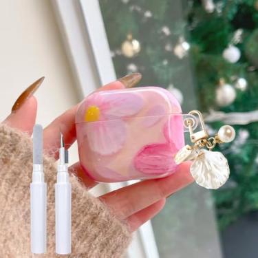 Imagem de Faneiy Capa para AirPods 4ª geração, flor de óleo, floral, chaveiro com concha de pérola, kit de limpeza, estética, bonita, moderna, à prova de choque, brilhante, capa para AirPod 4 - rosa