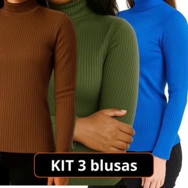 Imagem de Kit 3 Blusa Feminina Gola Alta Casual Manga Longa Elegante de Frio - L