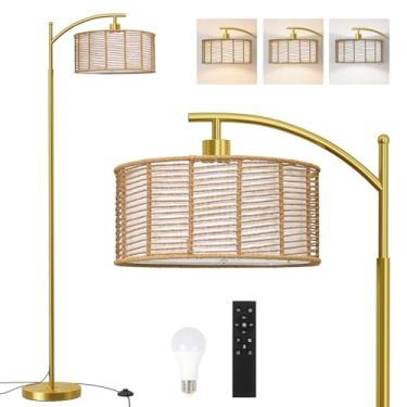 Imagem de Oneach Candeeiro de chão de arco dourado de 162,5 cm para sala de estar, luminária de chão boho de vime com controle remoto e lâmpada regulável, 3 temperaturas de cor, luminária de pé moderna rústica