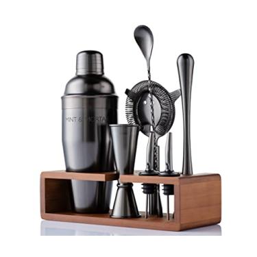 Imagem de Conjunto de coqueteleira de 7 peças Mint&Mortar com suporte de bambu, kit de barman de mistura de aço inoxidável com ferramentas de bar para casa e profissional, ótimo Martini/Margarita, misturador de 680 g (preto gunmetal)
