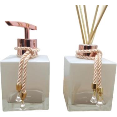 Imagem de Kit Lavabo Vidro 250Ml Branco Porta Sabonete com Válvula Luxo e Difusor com Varetas Decoradas Para Banheiro Lavabo Organização e Decoração - Luiggi Presentes® (Degradê e Rosê Gold)