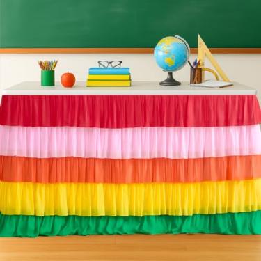 Imagem de Saia de mesa de professor 1,8 m x 76,2 cm – Saia de mesa com babados para sala de aula, tecido de chiffon 100D, tecido de cortina de mesa de volta às aulas, decoração de mesa de professor (carnaval