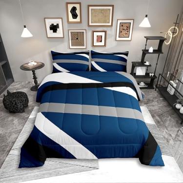 Imagem de Erosebridal Conjunto de cama casal listrado azul, cinza, preto, moderno, abstrato, para adultos, mulheres, homens, geométrico, estético, boêmio, conjunto de edredom