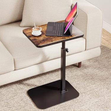 Imagem de ELYKEN Bandeja de TV, mesa de sofá em forma de C, mesa lateral giratória de 360°, altura ajustável, suporte para laptop para poltrona, mesas de cabeceira pequenas, marrom rústico