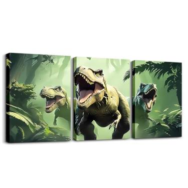 Imagem de Feelyou Arte de parede em tela de dinossauro para sala de estar quarto selva pintura de dinossauro decoração 3D impressão de dinossauros crianças meninos meninas imagem arte animal selvagem pôsteres