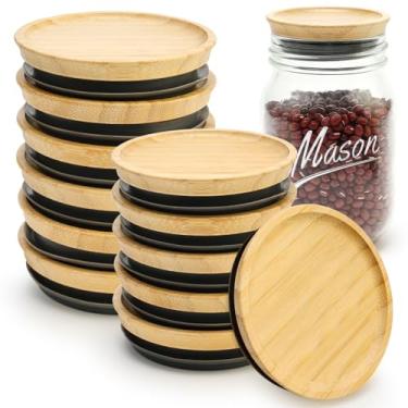 Imagem de 12 peças de tampas de bambu de boca regular e tampas de boca larga para potes de pedreiro, tampa de boca grande de madeira para copos de vidro, tampa de silicone reutilizável, tampa decorativa de