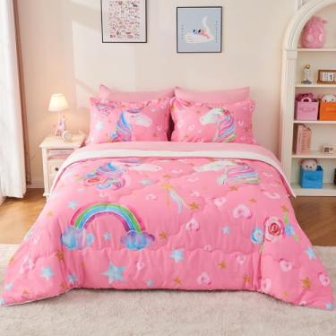 Imagem de Wajade Conjunto de edredom de unicórnio rosa para meninas, conjunto de cama fofo de desenho animado para crianças, tamanho casal como com edredom, conjunto de lençol, fronha e