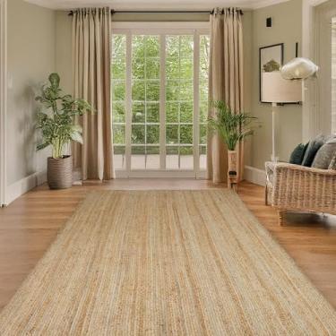 Imagem de CRAFTBERRY Tapete de juta, tecido à mão, reversível, retangular, design sólido de casa de fazenda, fibra natural, para áreas de alto tráfego, quarto, sala de estar, sala de jantar, corredor