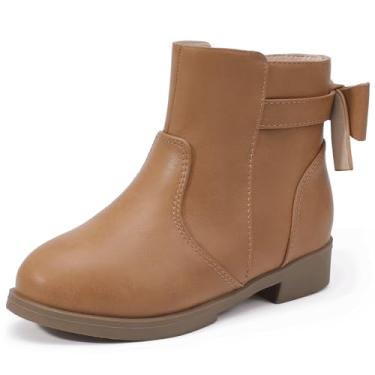 Imagem de PANDANINJIA Botas infantis modernas para meninas, botas de cano curto, com laço e zíper lateral, Marrom PU, 21