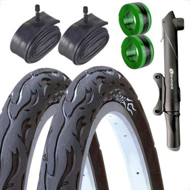 Imagem de PAR Pneu Bicicleta Kenda Flame Balão Aro 26 x 2.125 PAR Camara bico grosso Bombinha fita antifuro
