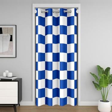 Imagem de Cortina quadriculada retrô divisória de quarto adolescentes mulheres homens azul branco xadrez cortina para porta privacidade 86 x 203 cm 1 painel crianças meninos meninas geométrico capa de armário