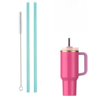 Imagem de Kit 2 Canudos Substituição Tritan 31cm E 1 Escova De Limpeza Para Copo Térmico Reposição Canudo Colorido Transparente(Azul)