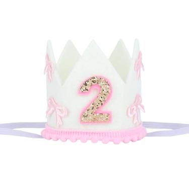 Imagem de Coroa de 2 Anos, Rosa e Branca Chapéu Aniversário 2 Anos Coroa Feltro com Laço para Meninas Acessório de Festa Adereço para Fotos