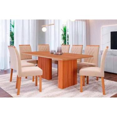 Imagem de Conjunto: Mesa Sala Jantar Ester Tampo Madeirado 210x100cm e 8 Cadeiras Juliana Cinamomo - Carvalho/Suede Nude Bege - Cimol