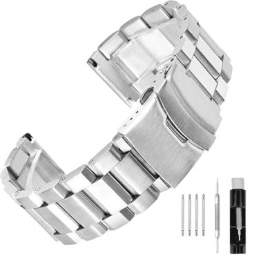 Imagem de SINAIKE Pulseira de relógio de aço inoxidável de liberação rápida de aço inoxidável para homens e mulheres de 18 mm/20 mm/22 mm/24 mm/26 mm com fivela dupla fliplock, preta ou prata, azul, ouro, Prata