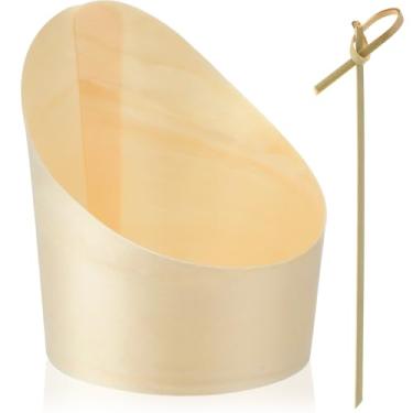Imagem de Yiyiring 50 peças de copos de sobremesa de madeira inclinados de 118 ml com 200 espetos de bambu copos descartáveis para aperitivos, queijo, frutas, casamentos, festas e tábuas de charcutaria, mini