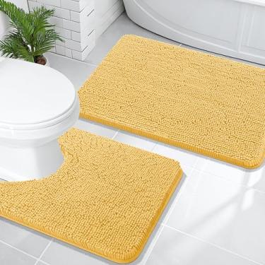 Imagem de OLANLY Conjunto de tapetes de banheiro de 2 peças, tapetes de banho de chenille macio absorvente e contorno em forma de U, tapete de banheiro lavável na máquina, acessórios de decoração de casa (76 x
