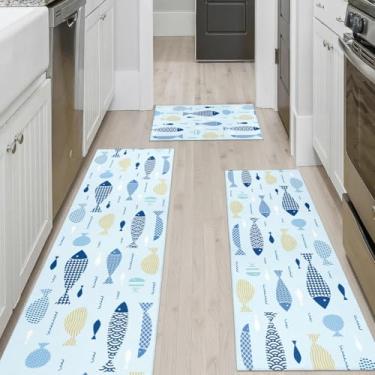 Imagem de PKAGQEM Conjunto de 3 tapetes e tapetes de cozinha costeira, azul, casa de fazenda, praia, peixes náuticos, antiderrapante, lavável para cozinha, tapetes de pia e acessórios 43 x 76 cm + 43 cm x 119