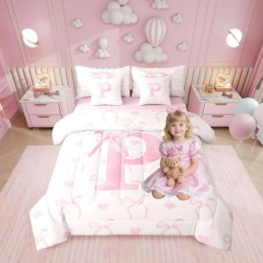 Imagem de Erosebridal Conjunto de cama casal com laço rosa e nó de laço para meninas, com letra P, lençol em uma bolsa, edredom feminino com corações de amor, estilo princesa sonhadora, fada