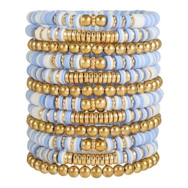 Imagem de HYHONEY Pulseiras de amizade com contas Heishi pulseiras fofas pulseiras de vinil argila disco contas surfista elástico verão praia pulseiras para mulheres, One Size, Pedra, argila