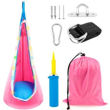 Imagem de Assento de balanço infantil iluminado, rede suspensa atualizada com luzes de LED, sofá de teto sensorial, cadeira de balanço com assento inflável para ambientes internos e externos (vermelho)