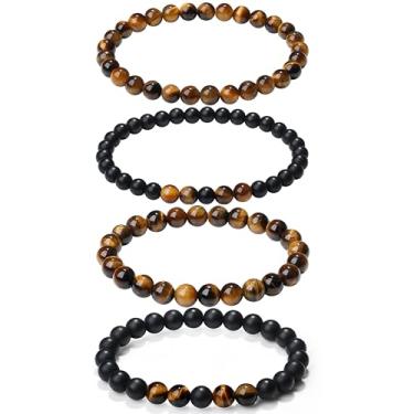 Imagem de XIANNVXI Conjunto de pulseiras masculinas com contas de pedra natural de 3/4 peças, 8 mm, olho de tigre, pedra vulcânica, obsidiana, cristal preto, contas elásticas para homens e mulheres, joias