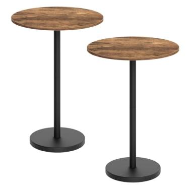 Imagem de YATINEY Mesa de bar, conjunto de 2 mesas de bar redondas, mesa de altura de balcão, mesa de coquetel de pub, moldura de metal, para bistrô, sala de jantar, sala de estar, terraço, marrom rústico e