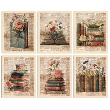 Imagem de INFUNLY 6 conjuntos de impressão de arte de parede de flores de livro vintage 20 x 25 cm retrô floral imagens texto fundo tela arte de parede sem moldura Academia imagens estéticas impressões para