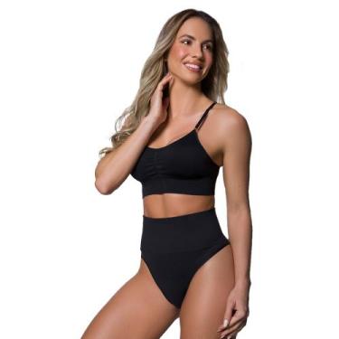 Imagem de Calcinha Modeladora Redutora De Medidas Fio Dental Com Cós Alto Sem Co